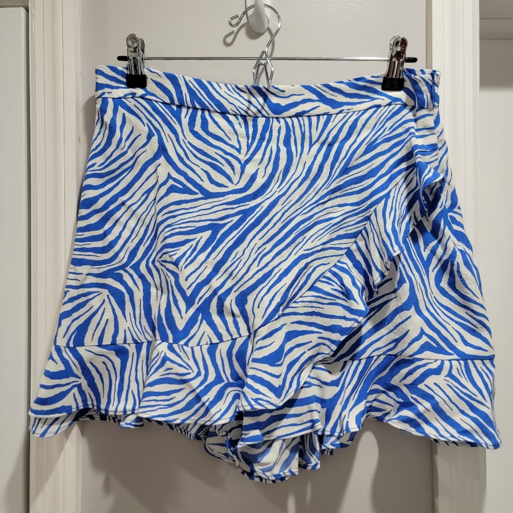 Zara Blue and White Zebra Print Ruffled Hem Skort